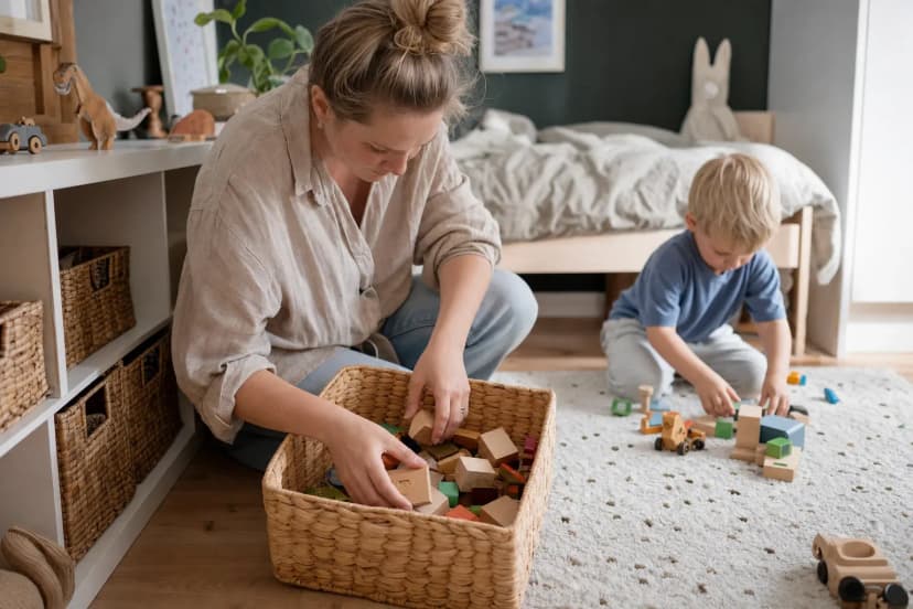 En förälder lägger byggklossar i låga förvaringskorgar medan ett barn leker på mattan.