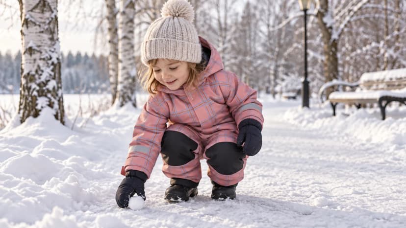AI-genererad illustration av ett barn i rosa rutig vinteroverall som leker i snö