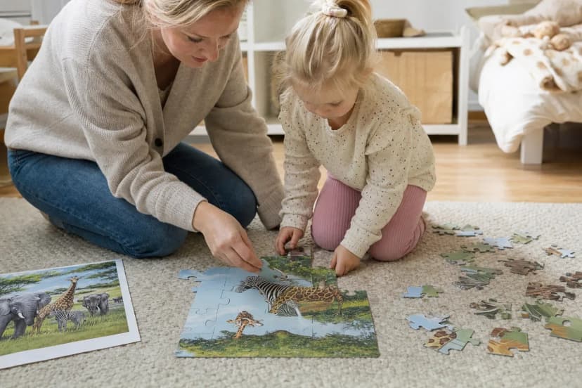 Ett barn och en förälder lägger ett djurpussel med stora bitar på golvet och sorterar bitarna efter färg.