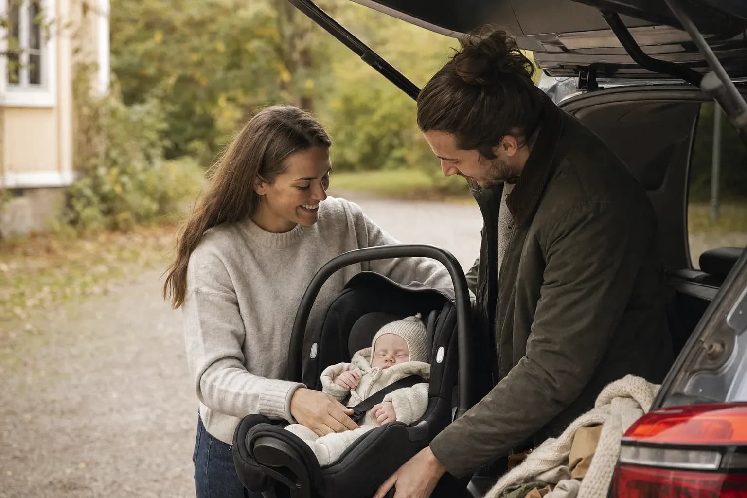 Realistisk familjebild för Babyskydd för nyfödd - jämför innan första bilresan