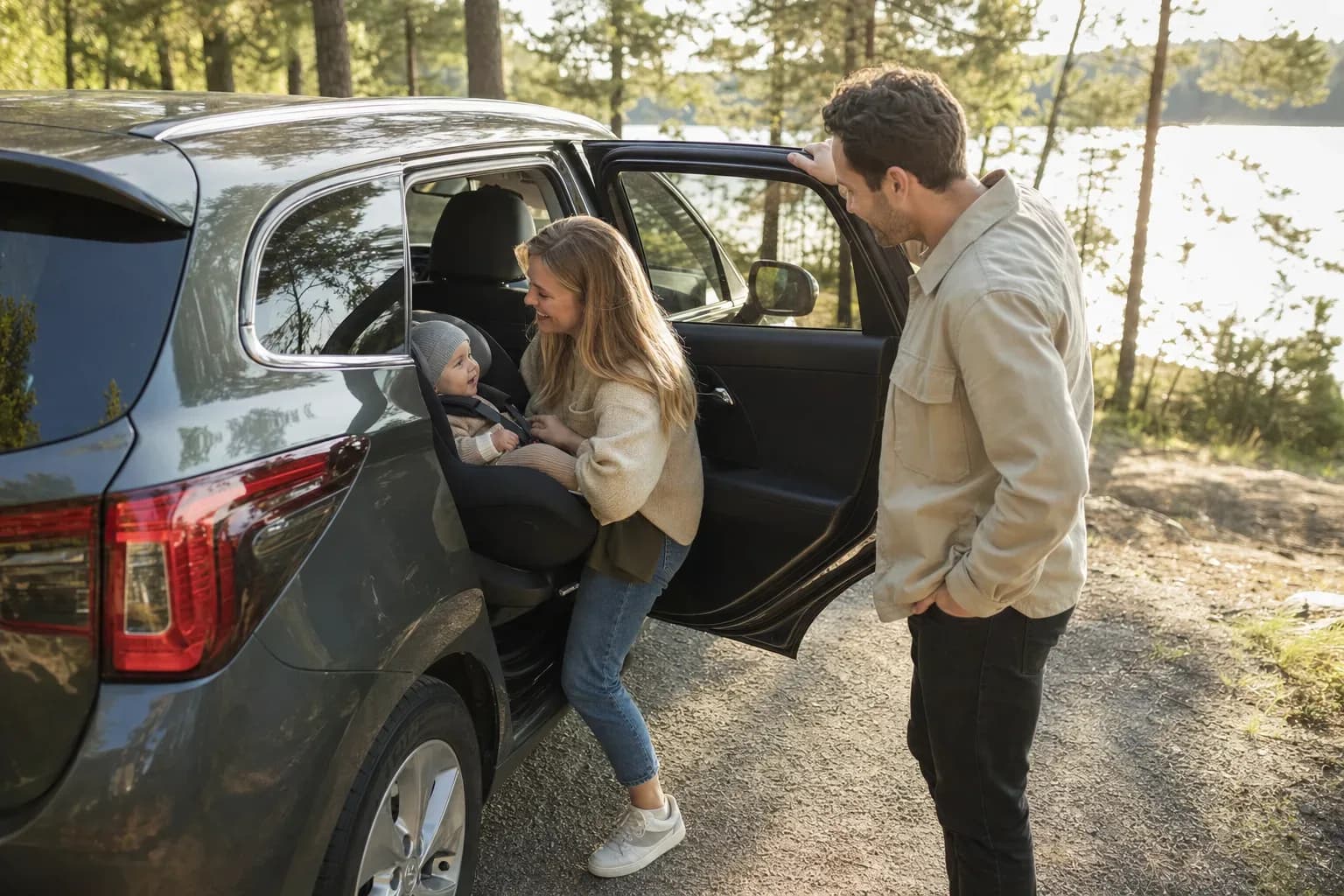 Realistisk familjebild för Bakåtvänd bilbarnstol – jämför bältad och Isofix