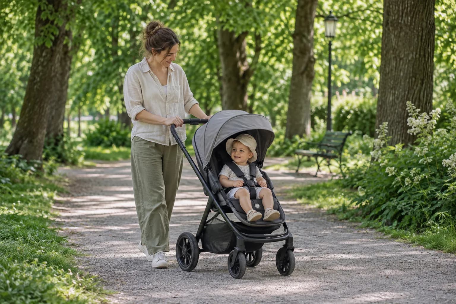 Förälder promenerar med barn i sittvagn på en skuggig parkväg