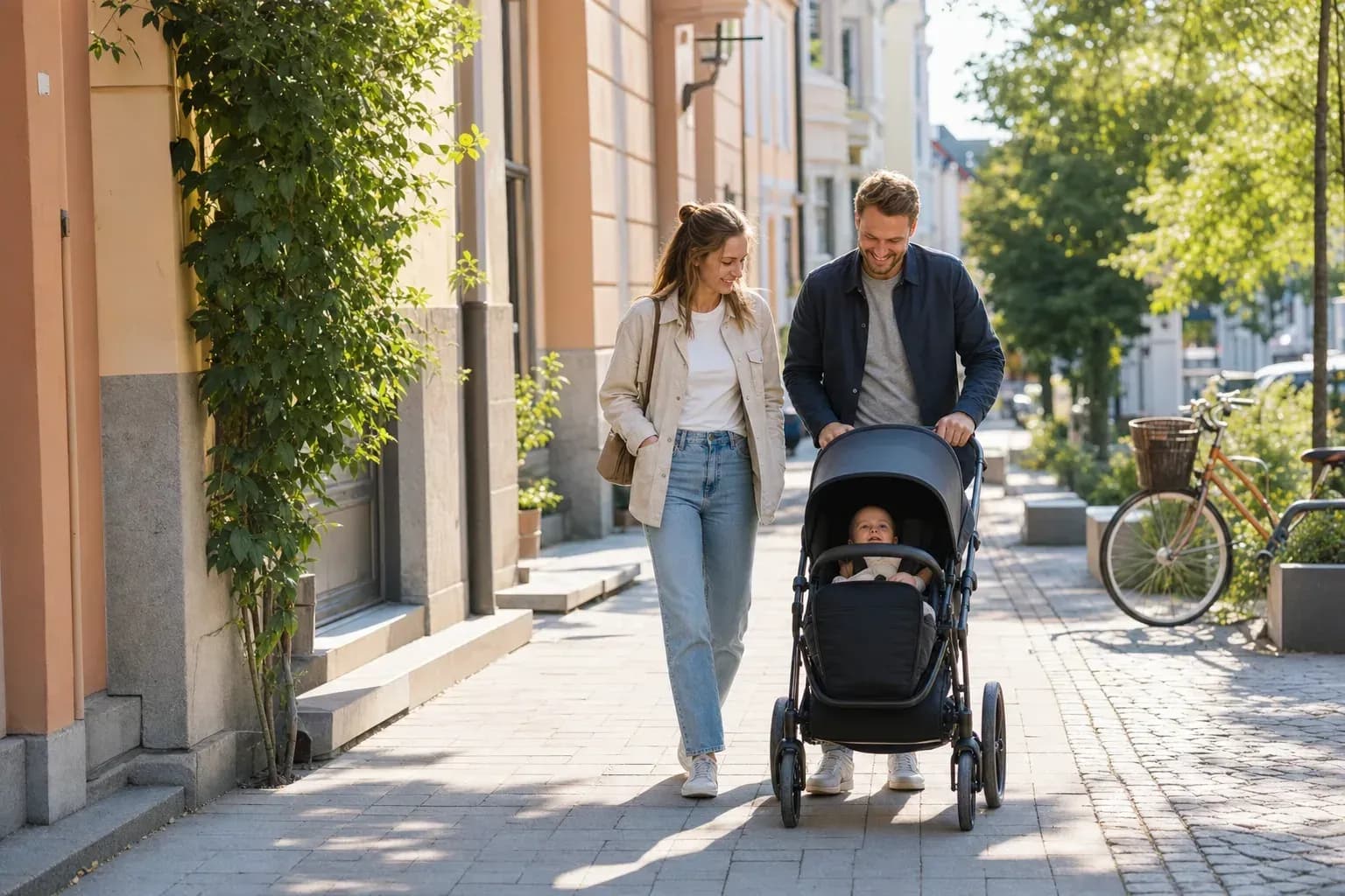Två föräldrar promenerar med barnvagn på en trottoar i stadsmiljö