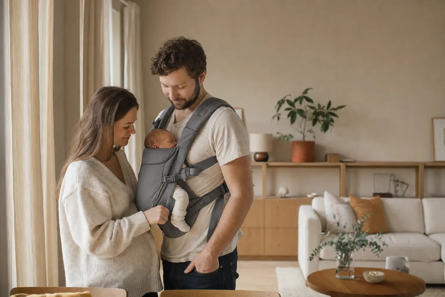 Realistisk familjebild för Bärsele för nyfödd - jämför stöd och komfort
