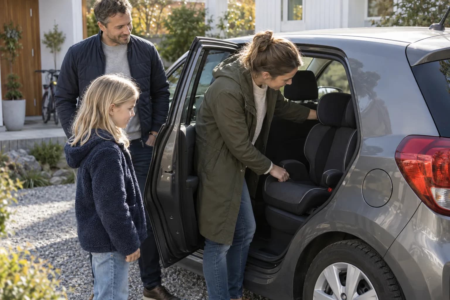 Realistisk familjebild för Bilbarnstol för liten bil - jämför plats och montering