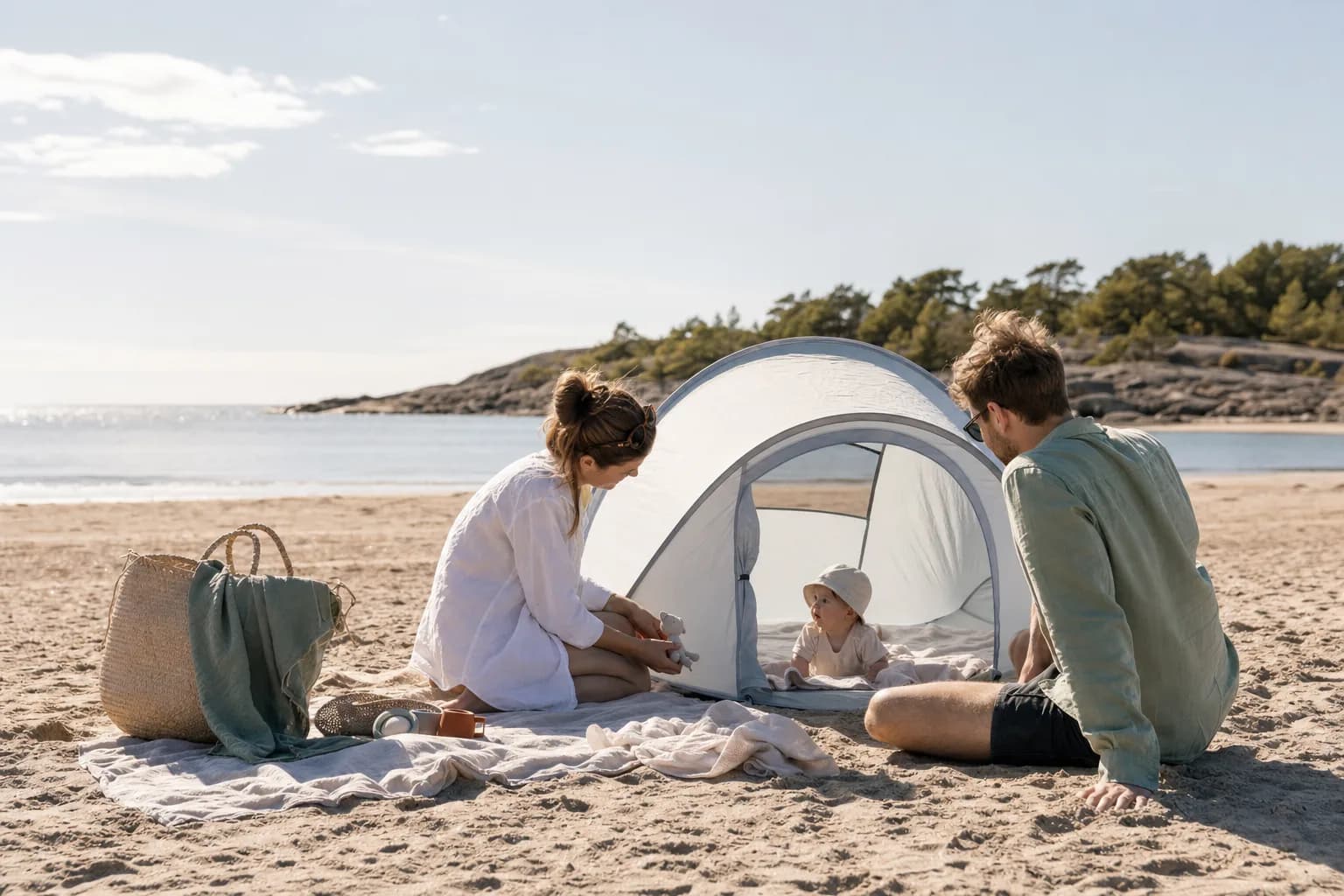 Realistisk familjebild för UV-tält för baby på stranden - jämför alternativ