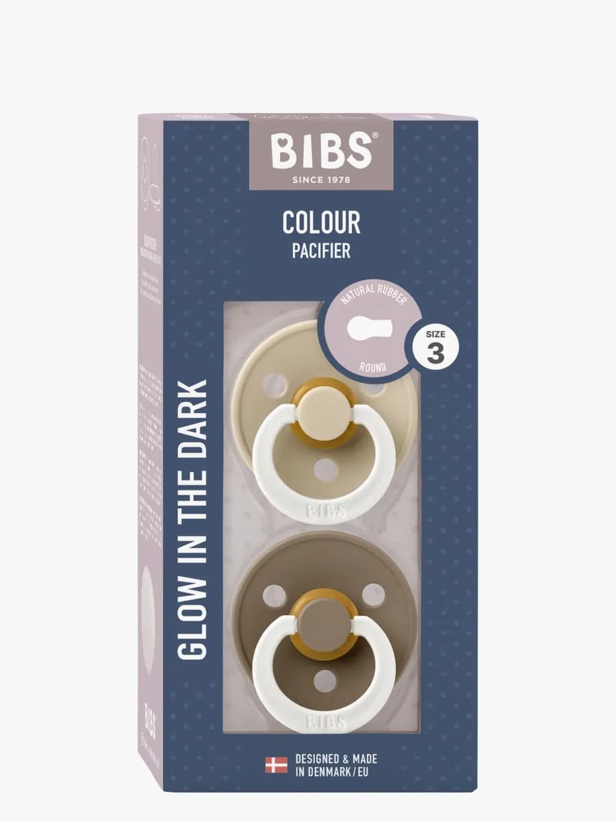BIBS Colour Napp 2-Pack Latex Stl 3 Rund, Vanilla GLOW/Dark Oak GLOW