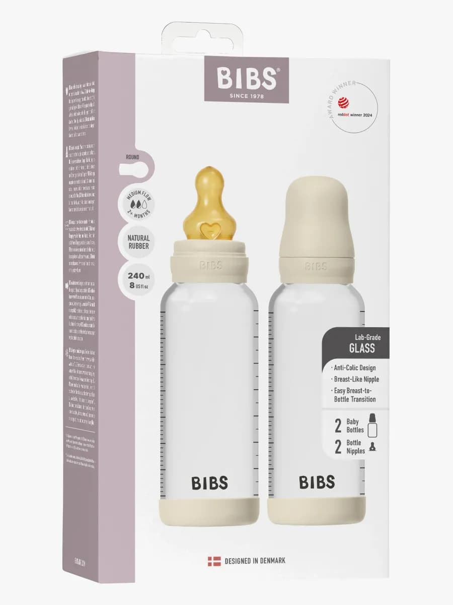 BIBS Medium Flow Glas Nappflaska Latex 2-Pack 240 ml, Ivory