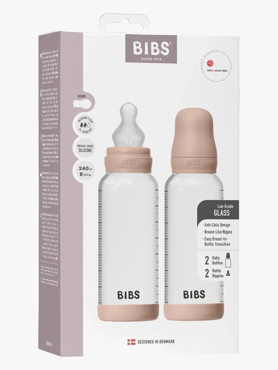 BIBS Medium Flow Glas Nappflaska Silikon 2-Pack 240 ml, Blush