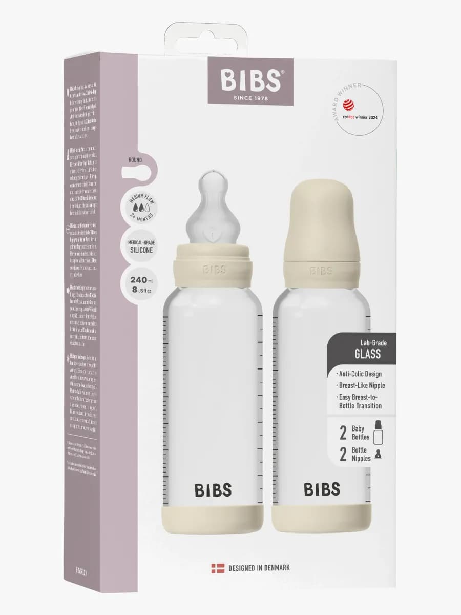 BIBS Medium Flow Glas Nappflaska Silikon 2-Pack 240 ml, Ivory