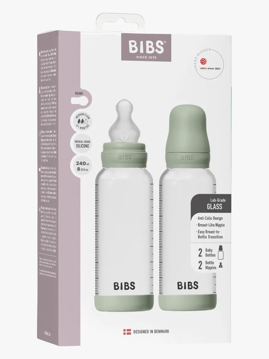BIBS Medium Flow Glas Nappflaska Silikon 2-Pack 240 ml, Sage