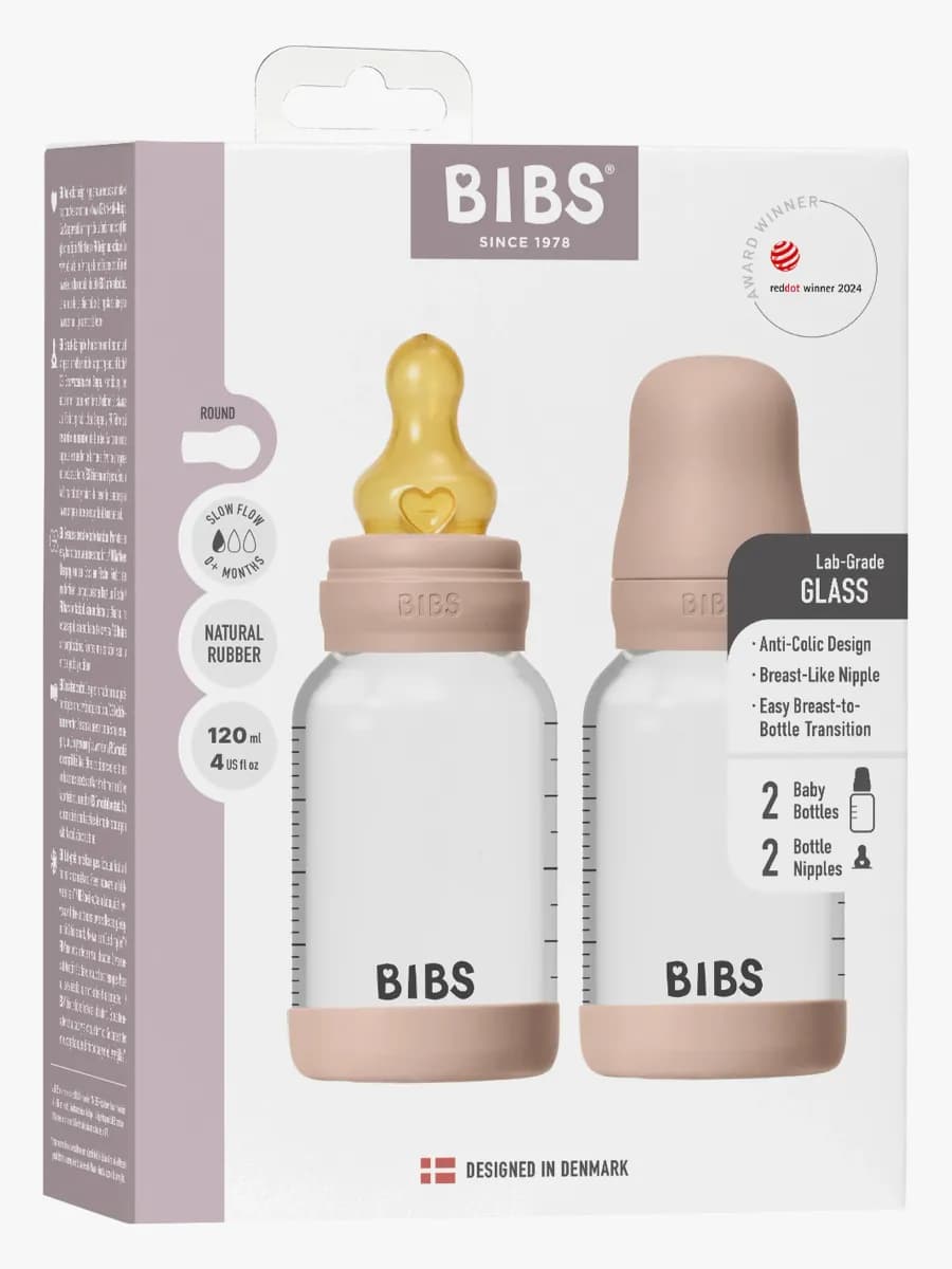 BIBS Slow Flow Glas Nappflaska Latex 2-Pack 120 ml, Blush