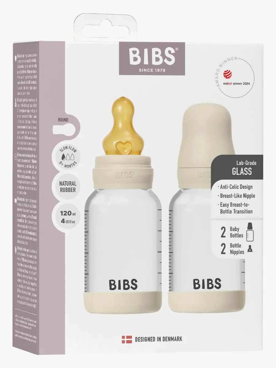 BIBS Slow Flow Glas Nappflaska Latex 2-Pack 120 ml, Ivory