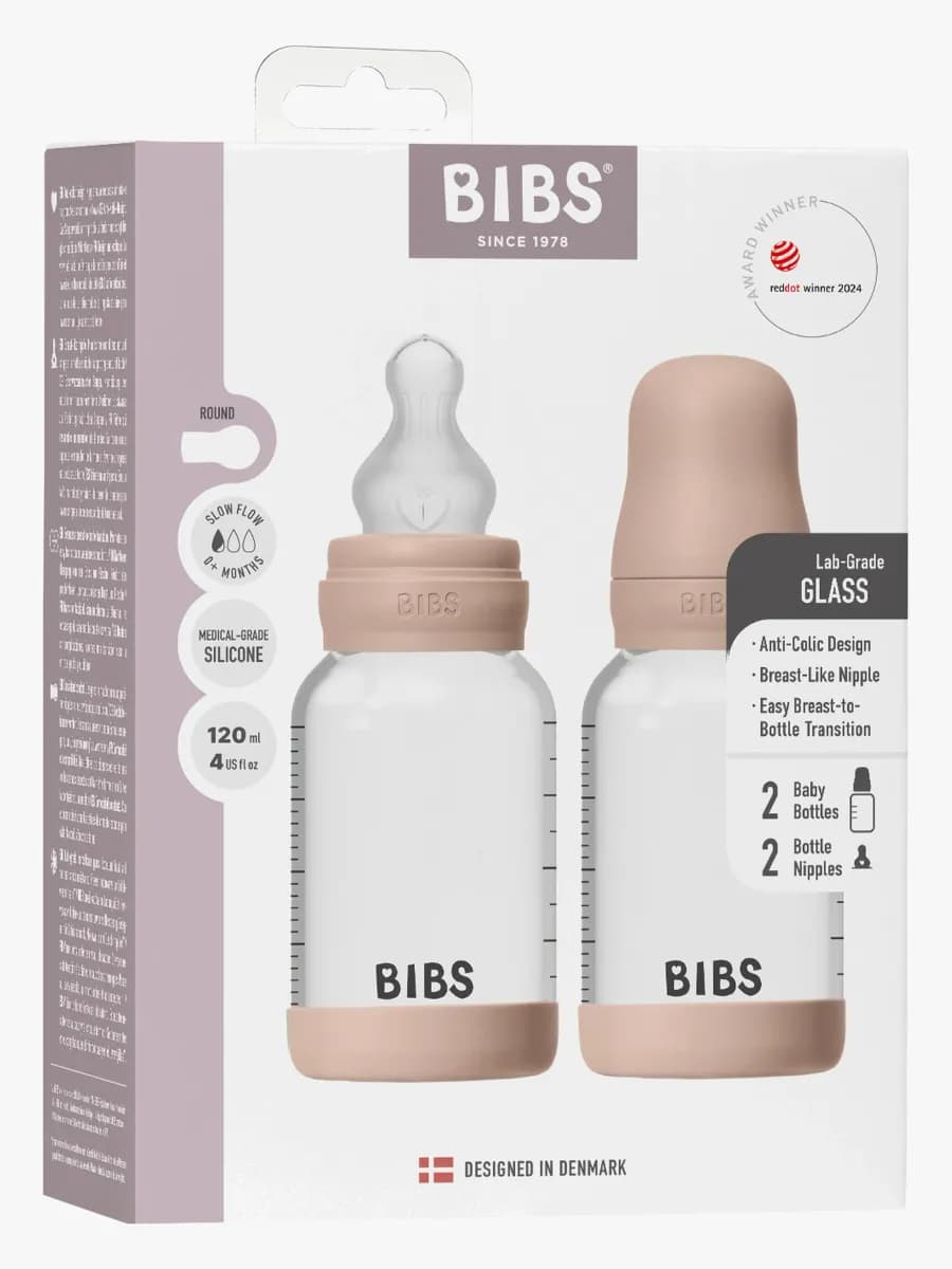 BIBS Slow Flow Glas Nappflaska Silikon 2-Pack 120 ml, Blush