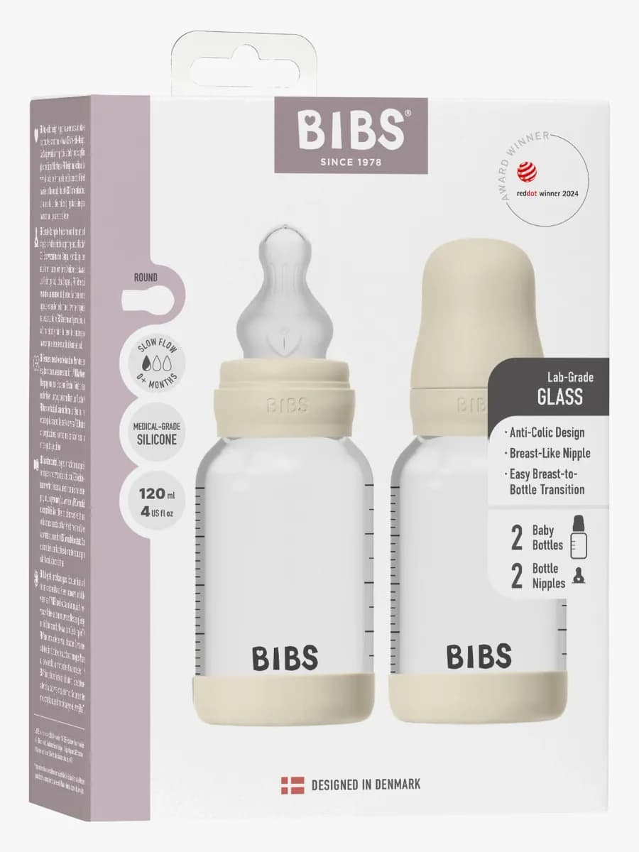 BIBS Slow Flow Glas Nappflaska Silikon 2-Pack 120 ml, Ivory