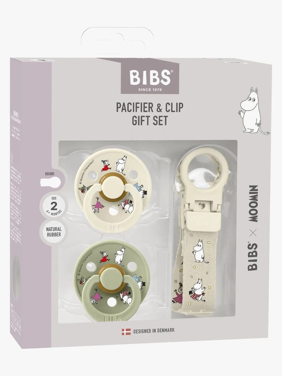 BIBS x Moomin Colour Napp &  Loop Napphållare Gåvoset Latex Stl 2, Ivory/Sage