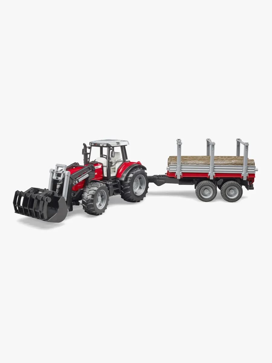 Bruder Massey Ferguson 7480 Traktor Med frontlastare Och Timmertrailer