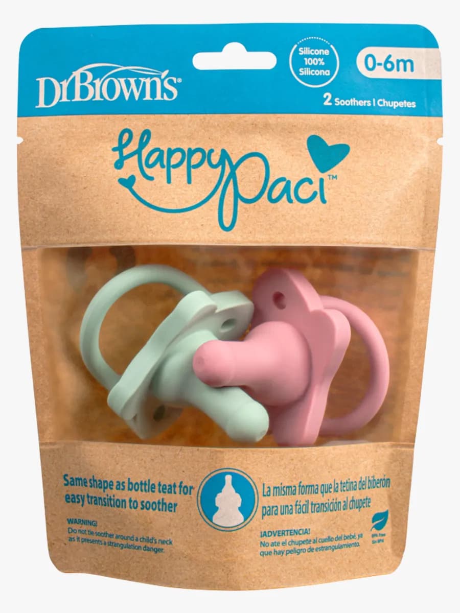 Dr. Brown's HappyPaci Napp 0-6m 2-pack Silikon, Rosa/Grön