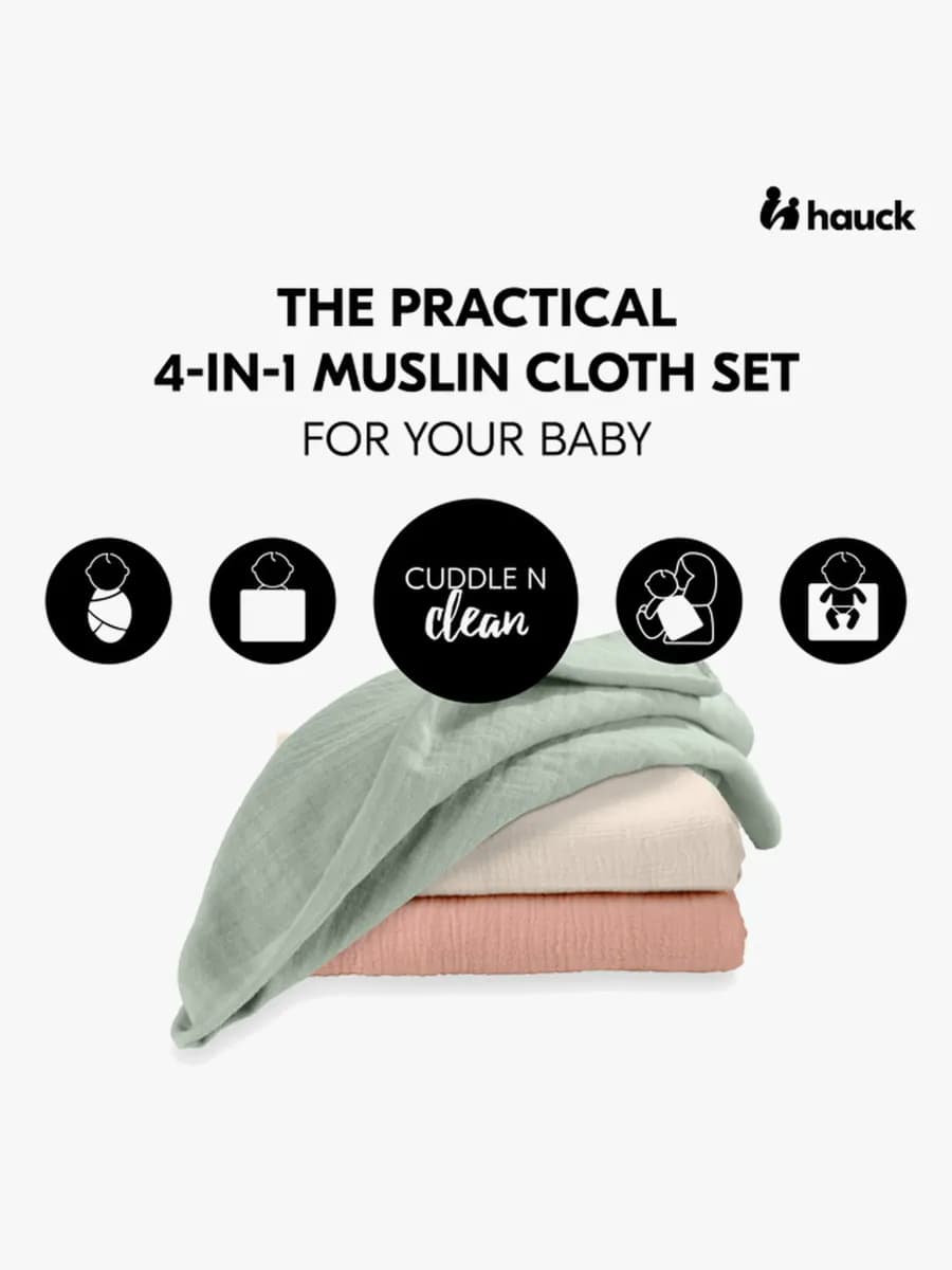 Hauck Cuddle N Clean Muslinfilt 3-Pack, Sage/Beige/Cork