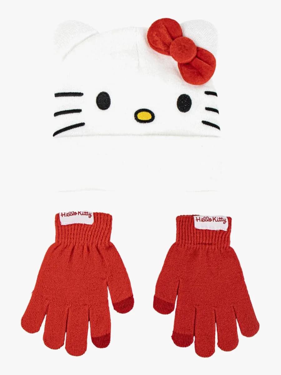 Hello Kitty Mössa och Vantar, Vit/Röd