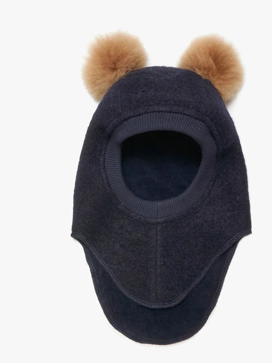 Huttelihut Balaklava Merinoull med Pompoms, Dark Navy, 50