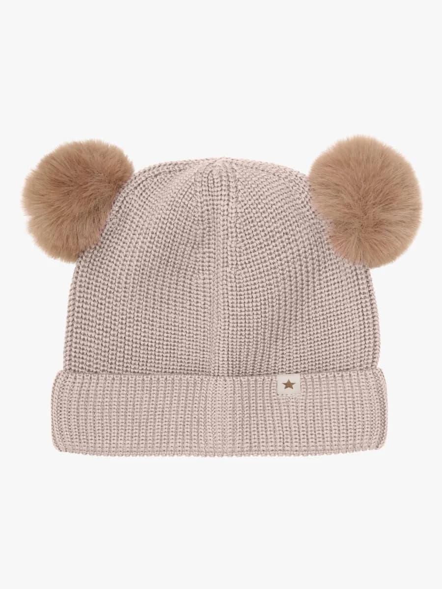 Huttelihut Mössa Merinoull med Pompoms, Camel Melange, 54