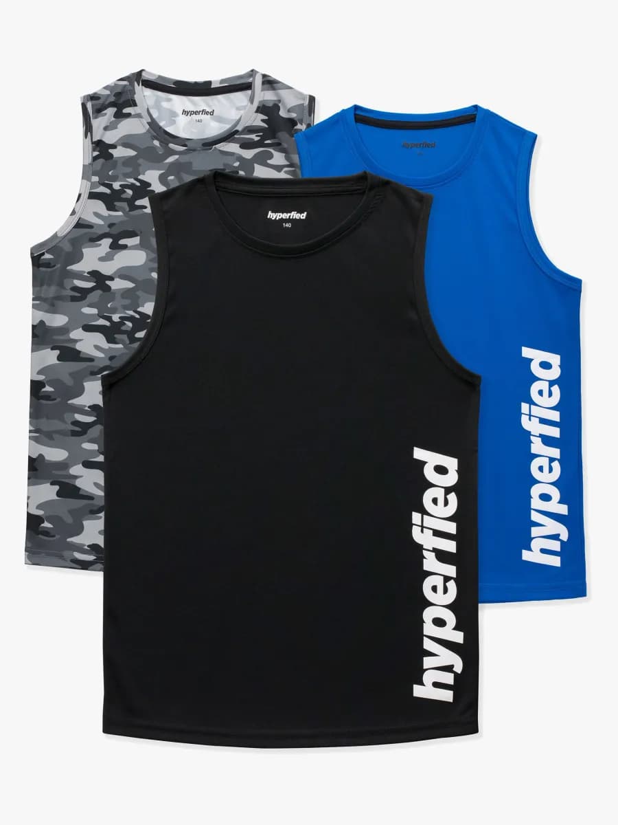 Hyperfied Bounce Tank Top 3-pack, Black/Camo Black/Blue 160