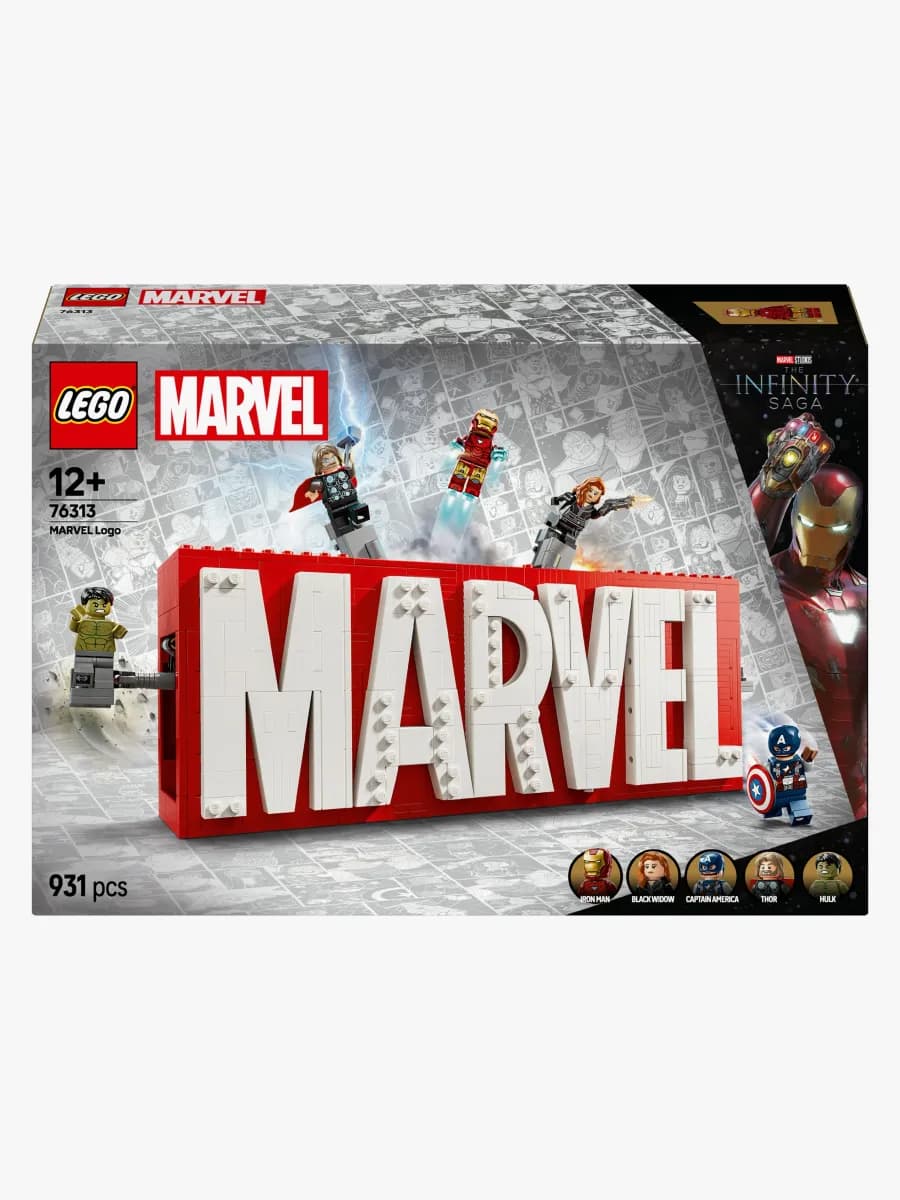 LEGO Super Heroes 76313 MARVEL logotyp och minifigurer