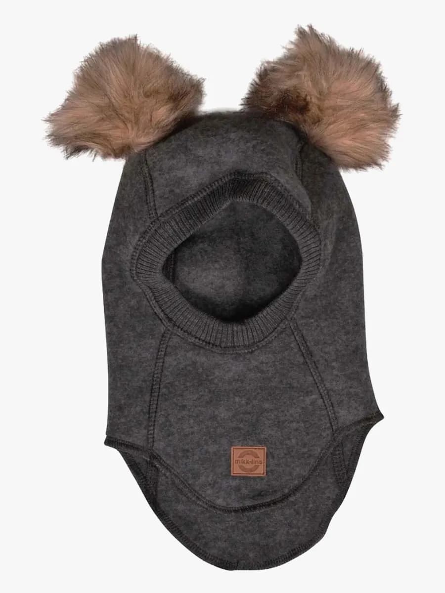Mikk-Line Balaklava Merinoull med Pompoms, Anthracite Melange, 74-80