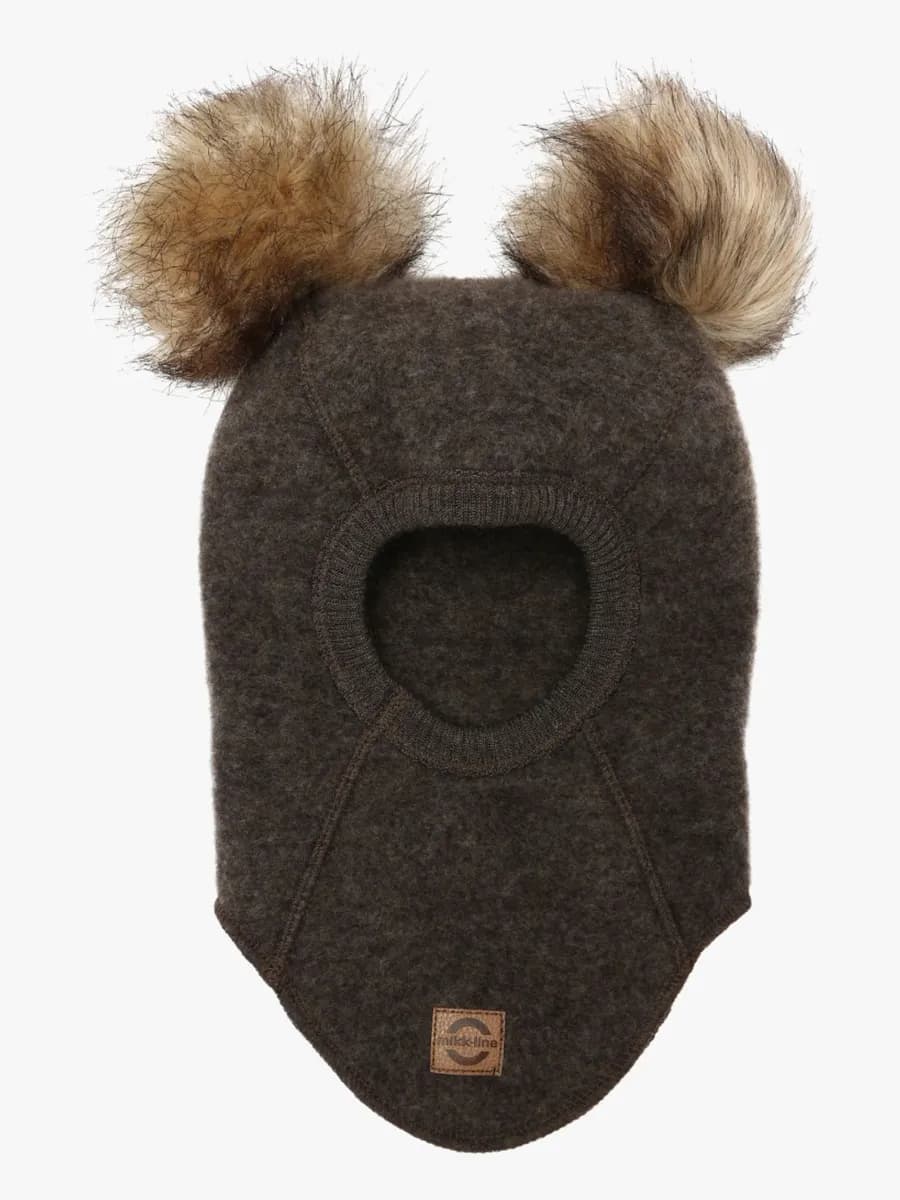 Mikk-Line Balaklava Merinoull med Pompoms, Dark Brown Melange, 74-80