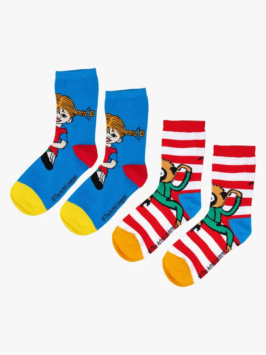 Pippi Långstrump X Martinex Pippi Strumpor 2-Pack, Blå/Röd