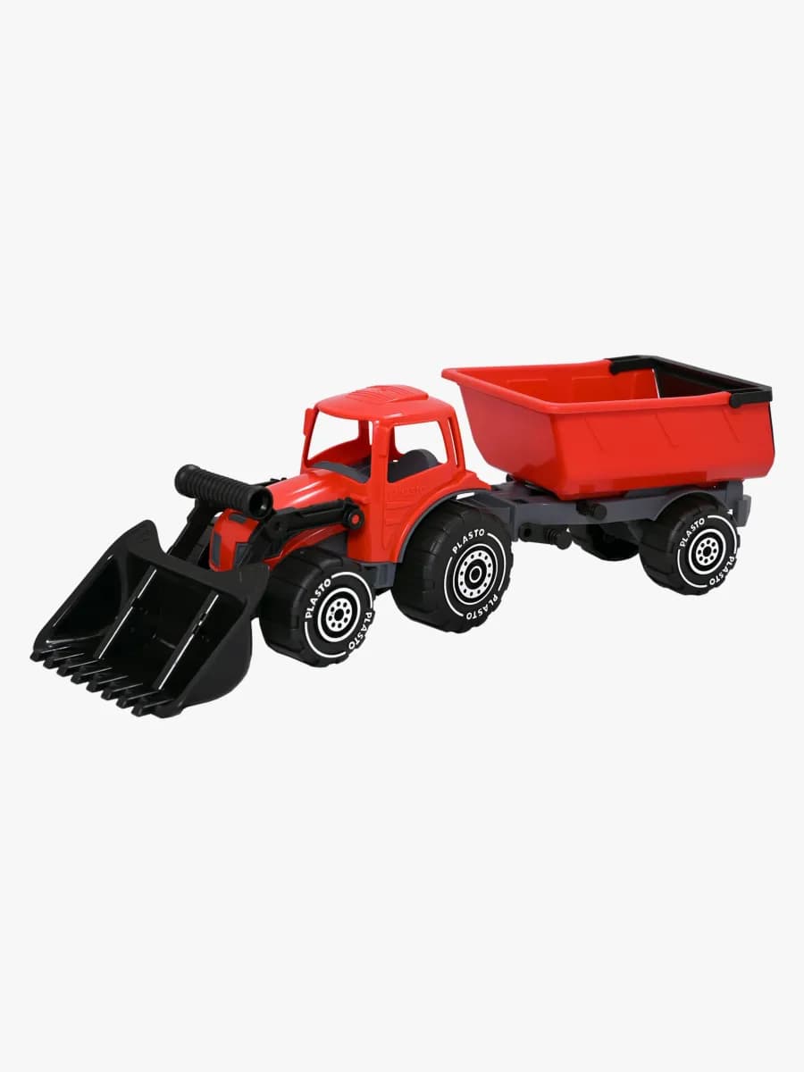 Plasto Traktor Med Frontlastare Och Släp, Röd/Svart