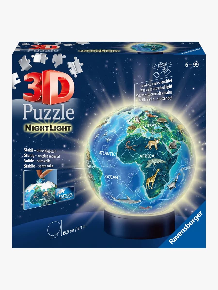 Ravensburger 3D Pussel Jordglob Djur, Nattlampa 72 Bitar, Barnrum
