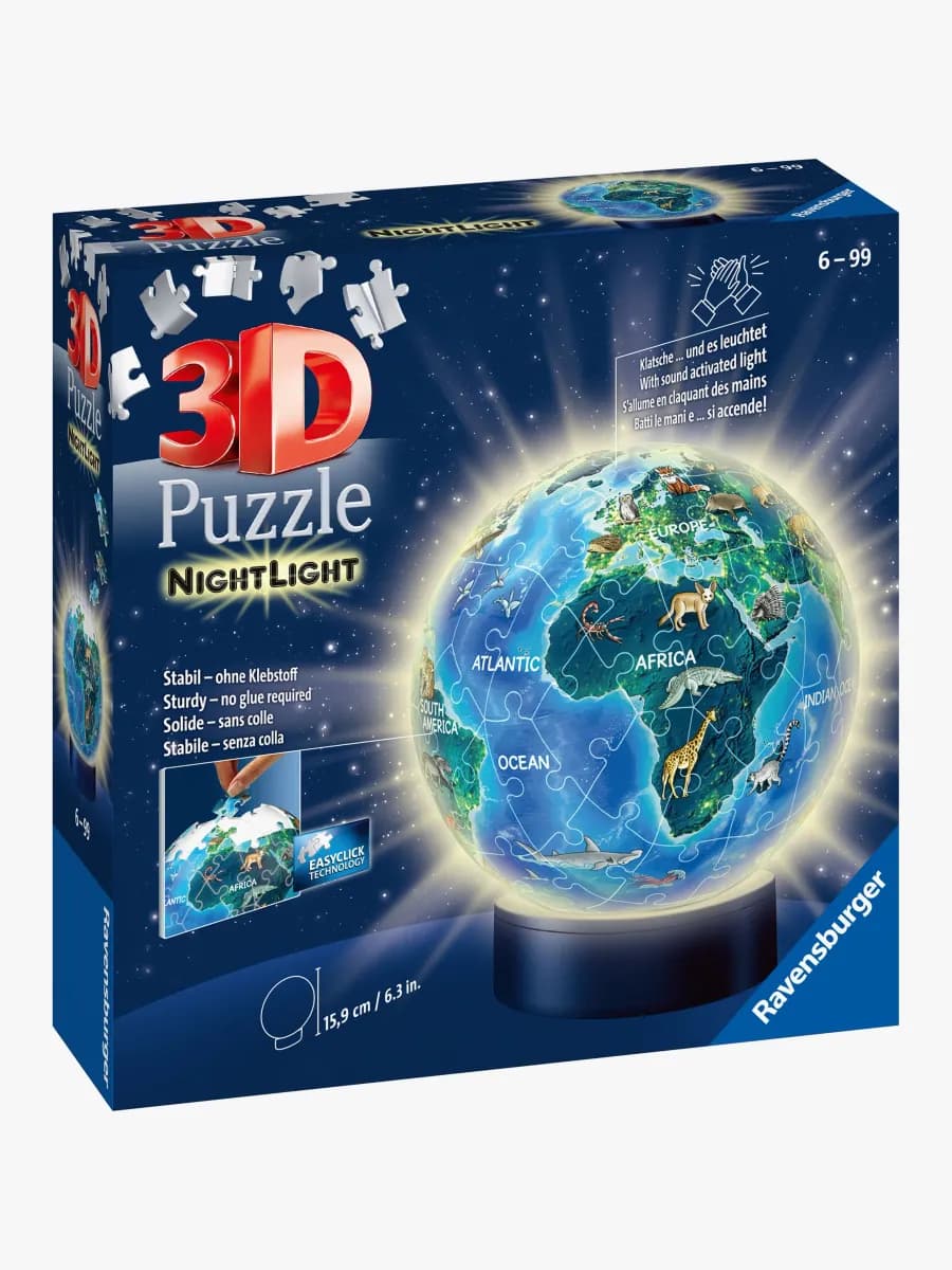 Ravensburger 3D Pussel Jordglob Djur, Nattlampa 72 Bitar, Barnrum