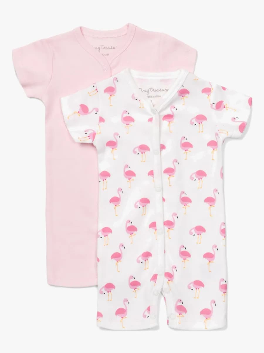 Tiny Treasure Summer Bodysuit 2-Pack, White/Flamingo 68
