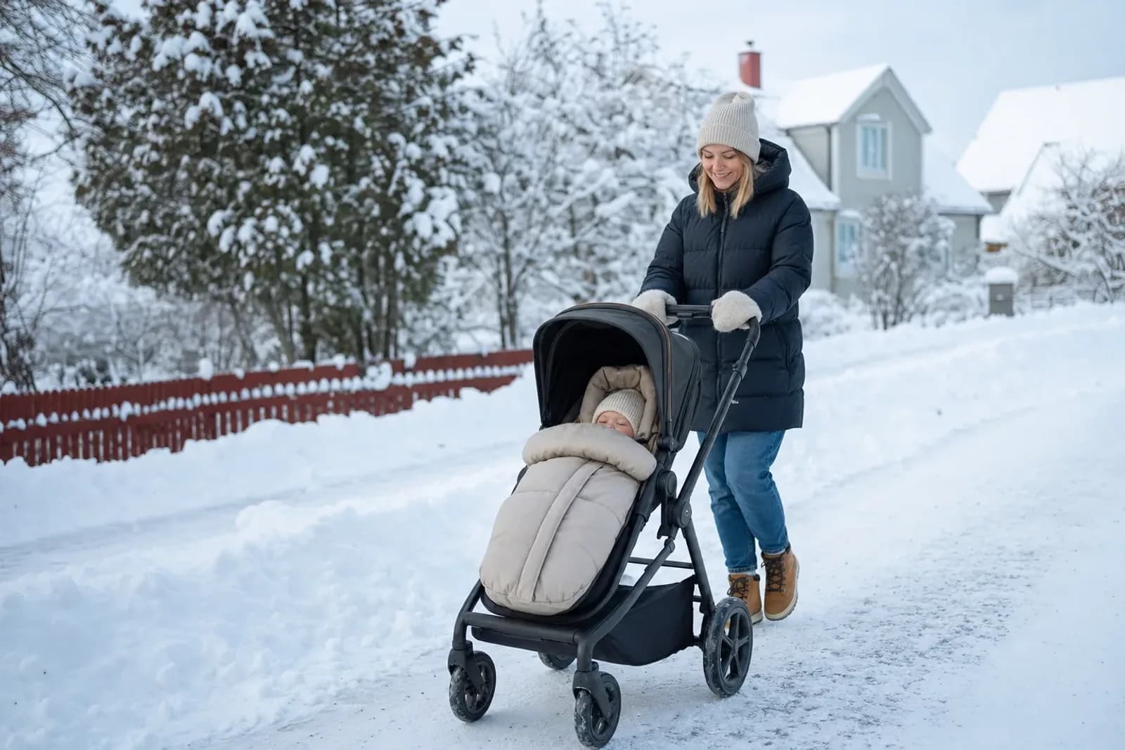 Barnvagn på vintern: åkpåse, hjul och tillbehör som gör skillnad