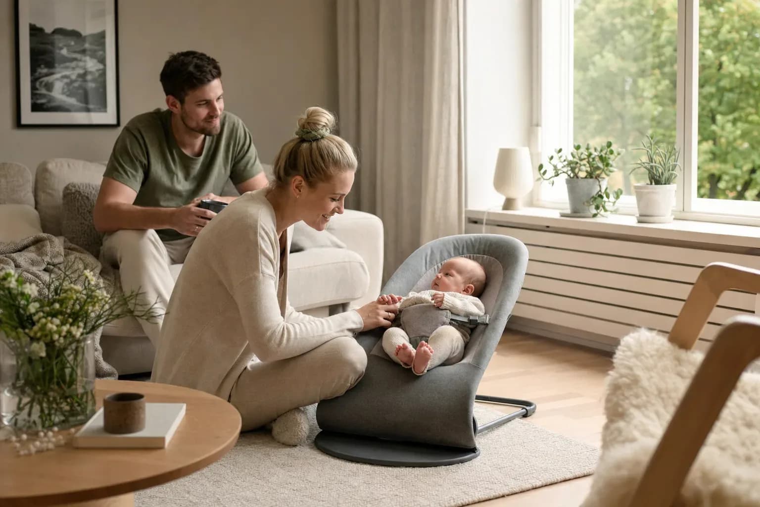 Realistisk familjebild för Babysitter för nyfödd - jämför modeller