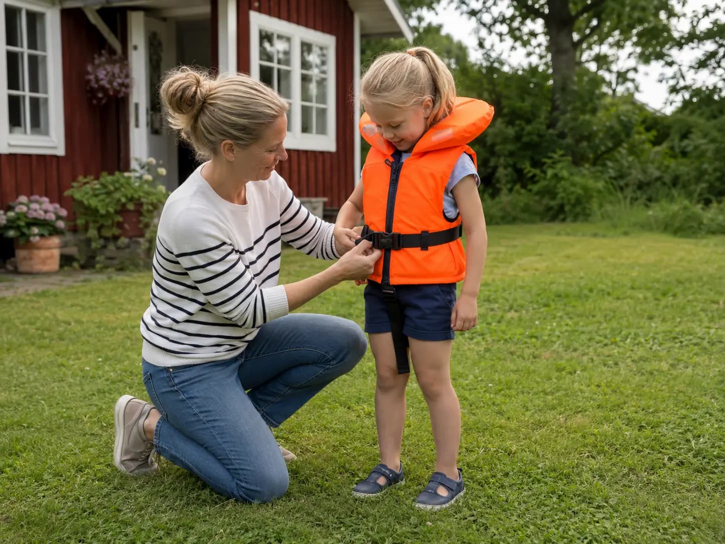 En förälder hjälper ett barn att prova en orange räddningsväst med krage på gräsmattan