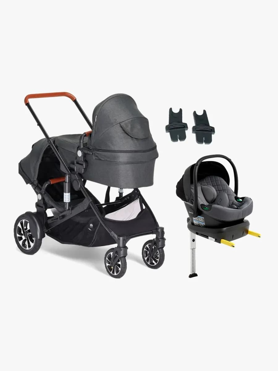 Beemoo Maxi 4 Twin Syskonvagn Inkl. Beemoo Route i-Size Babyskydd & Bas, Black/Mineral Grey
