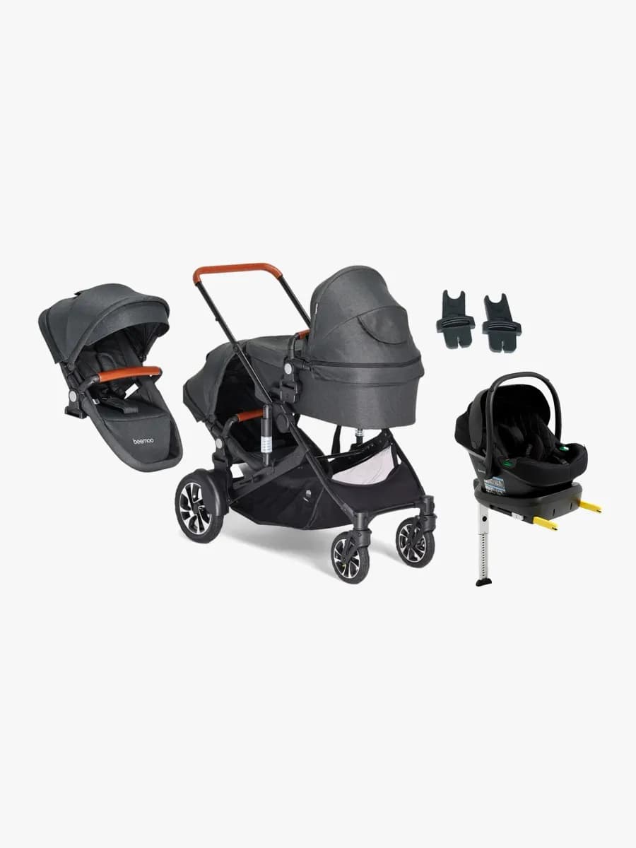 Beemoo Maxi 4 Twin Syskonvagn Inkl. Syskonsits & Beemoo Route i-Size Babyskydd & Bas, Black/Black Stone