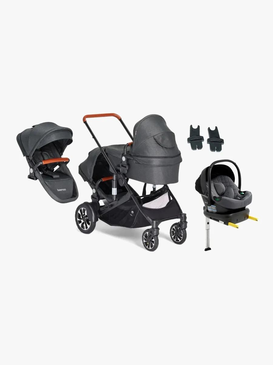 Beemoo Maxi 4 Twin Syskonvagn Inkl. Syskonsits & Beemoo Route i-Size Babyskydd & Bas, Black/Mineral Grey