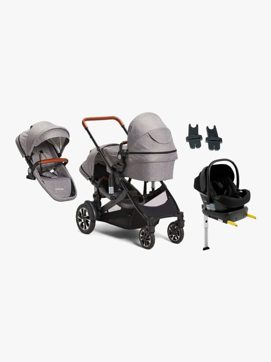 Beemoo Maxi 4 Twin Syskonvagn Inkl. Syskonsits & Beemoo Route i-Size Babyskydd & Bas, Grey/Black Stone