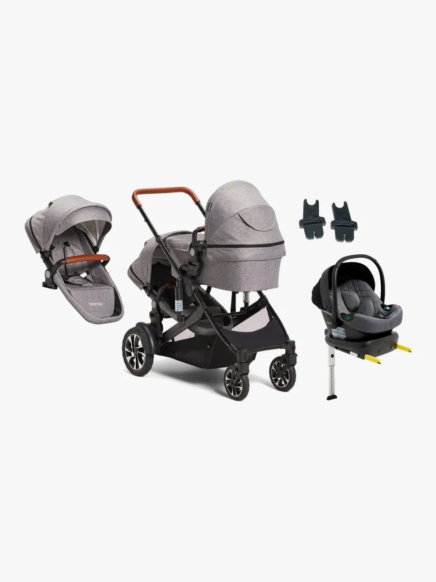 Beemoo Maxi 4 Twin Syskonvagn Inkl. Syskonsits & Beemoo Route i-Size Babyskydd & Bas, Grey/Mineral Grey
