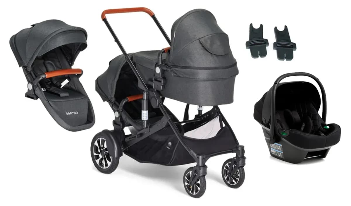 Beemoo Maxi 4 Twin Syskonvagn Inkl. Syskonsits & Beemoo Route i-Size Babyskydd, Black/Black Stone