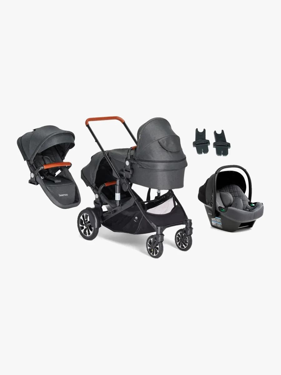 Beemoo Maxi 4 Twin Syskonvagn Inkl. Syskonsits & Beemoo Route i-Size Babyskydd, Black/Mineral Grey