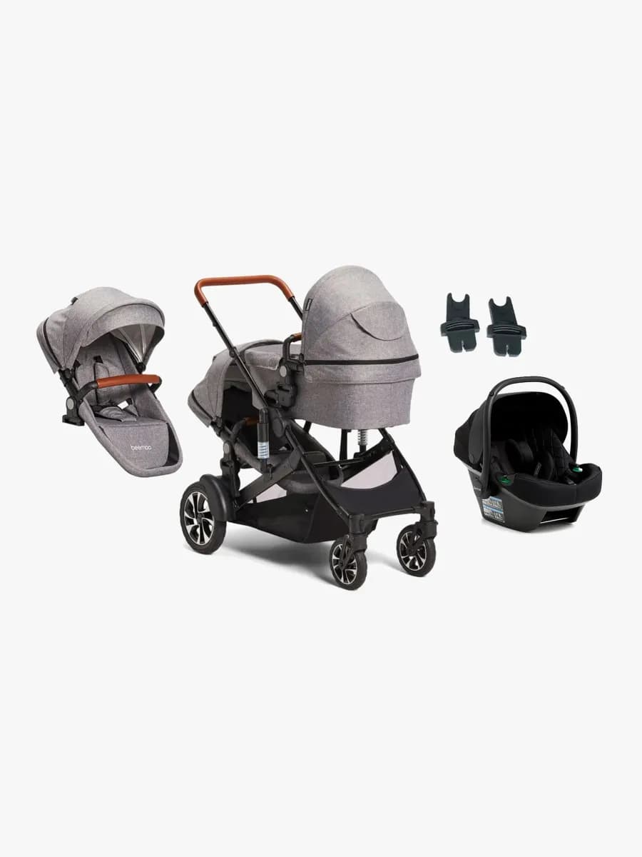 Beemoo Maxi 4 Twin Syskonvagn Inkl. Syskonsits & Beemoo Route i-Size Babyskydd, Grey/Black Stone
