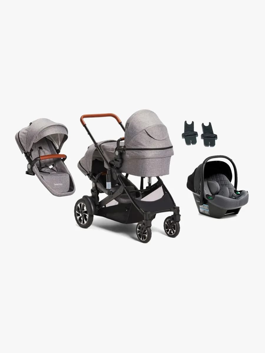 Beemoo Maxi 4 Twin Syskonvagn Inkl. Syskonsits & Beemoo Route i-Size Babyskydd, Grey/Mineral Grey