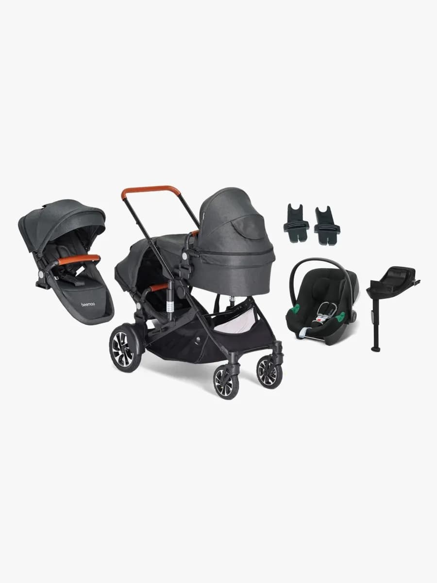 Beemoo Maxi 4 Twin Syskonvagn Inkl. Syskonsits & Cybex Aton B2 Babyskydd & Bas, Black/Volcano Black