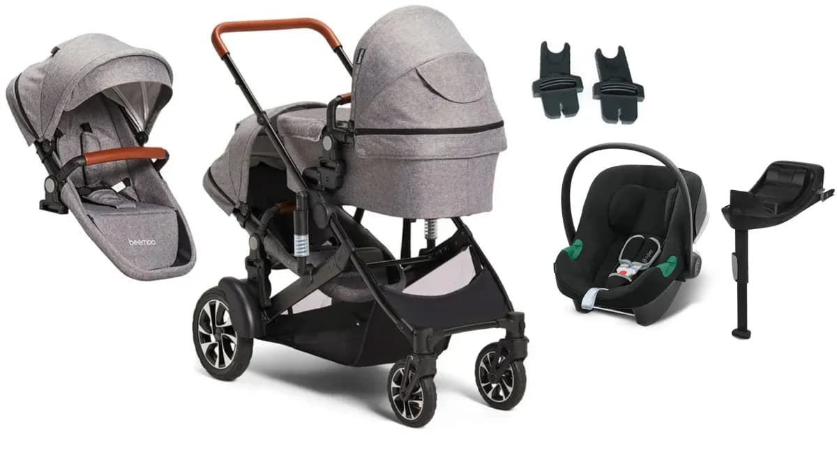 Beemoo Maxi 4 Twin Syskonvagn Inkl. Syskonsits & Cybex Aton B2 Babyskydd & Bas, Grey/Volcano Black