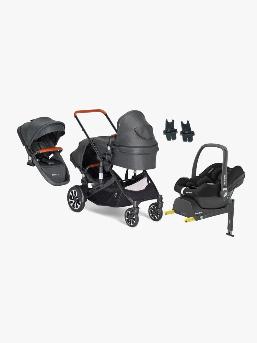 Beemoo Maxi 4 Twin Syskonvagn Inkl. Syskonsits & Maxi-Cosi CabrioFix Babyskydd & Bas, Black